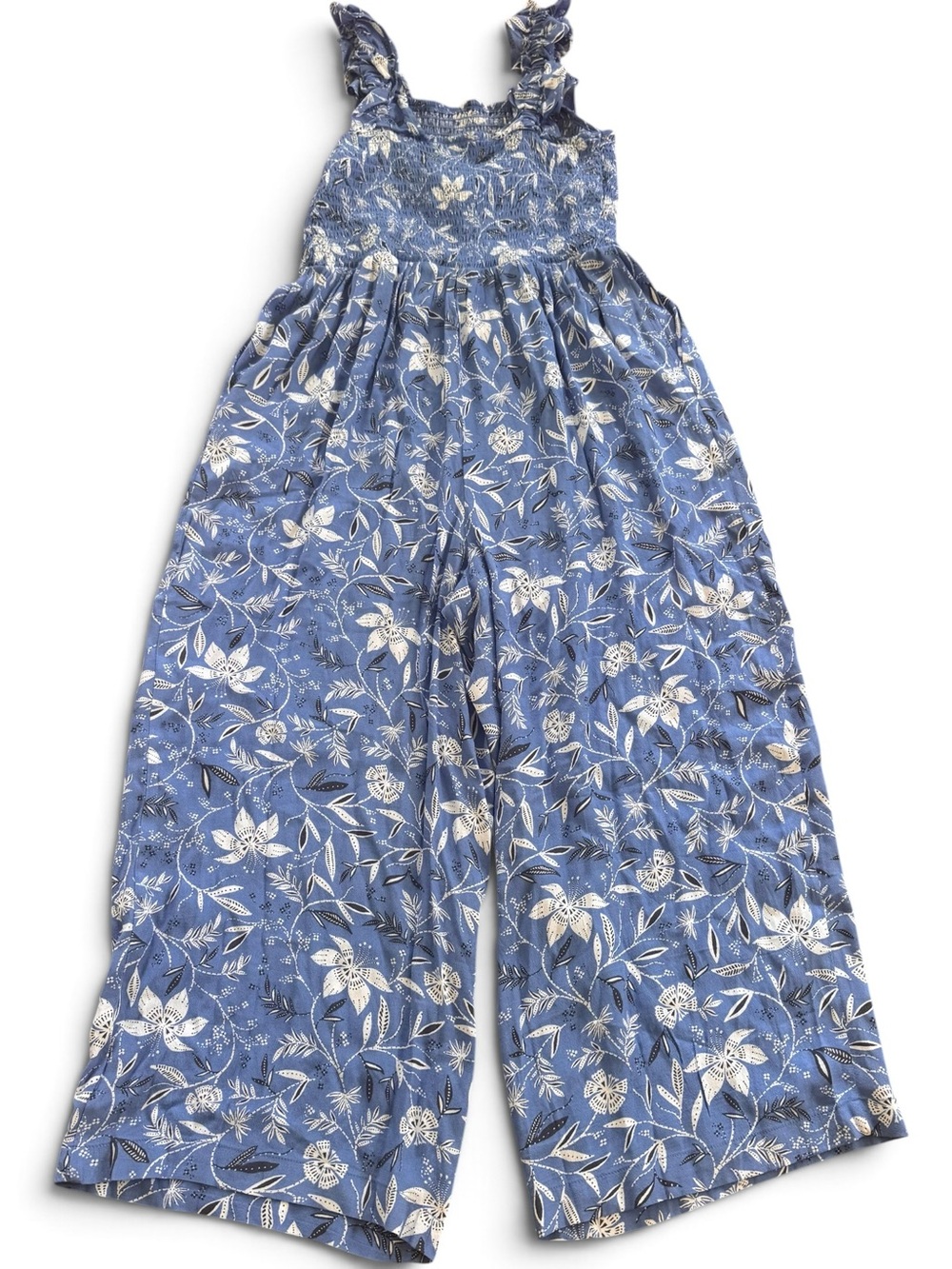 LOFT Blue Floral Smocked Wide-Leg Jumpsuit
